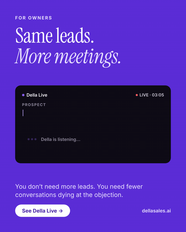 Della Live ad: Same leads. More meetings. The prospect says “We’re good for now” and Della puts the answer on the rep’s screen.